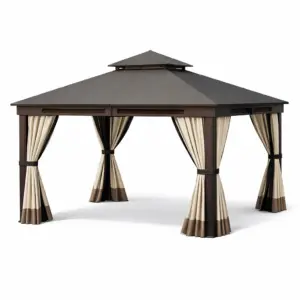 Tonnelle en aluminium avec toit en acier beige et marron