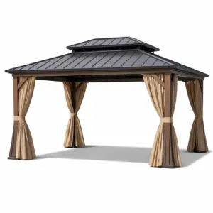 Tonnelle en acier et bois avec rideaux en polyester beige et noir