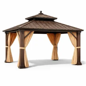 Tonnelle en aluminium avec toit en acier et rideaux beige 400 x 300 x 280 cm