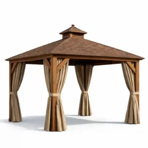 Tonnelle en bois de cèdre avec rideaux en polyester beige