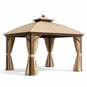 Tonnelle en aluminium avec rideaux beiges