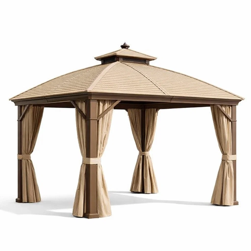 Tonnelle en aluminium avec rideaux beiges