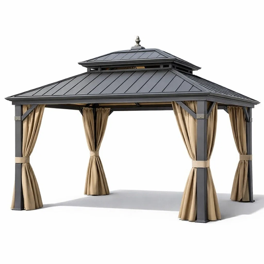 Tonnelle en aluminium avec toit en acier et rideaux en polyester