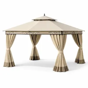 Tonnelle en aluminium avec rideaux en polyester beige 300 x 300 x 265 cm