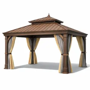 Tonnelle en aluminium marron avec rideaux en polyester beige et gris