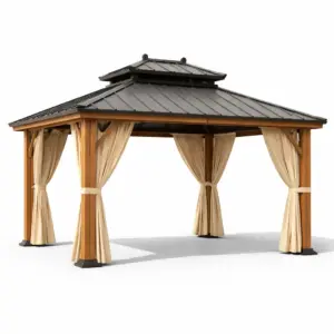 Tonnelle en acier et bois avec toit double et rideaux amovibles