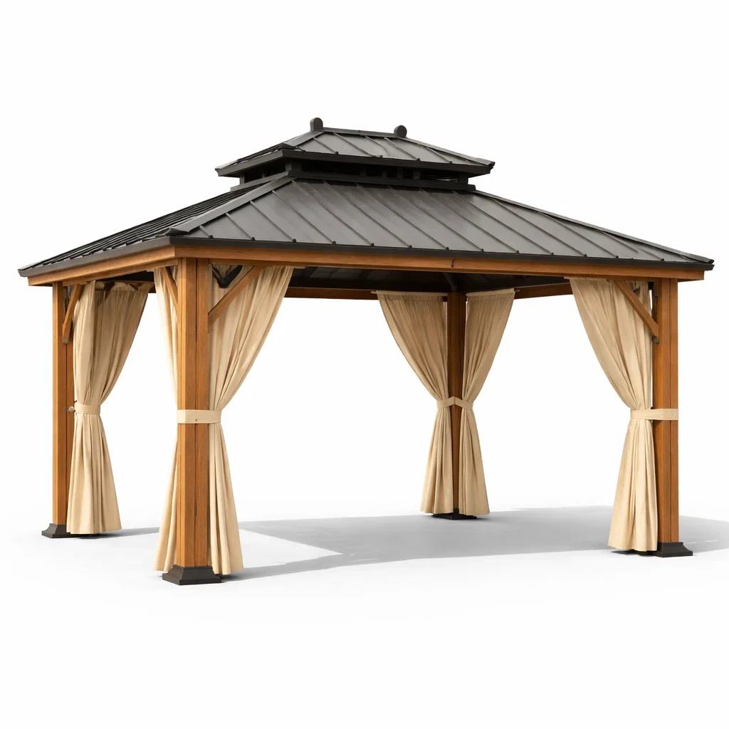 Tonnelle en acier et bois avec toit double et rideaux amovibles