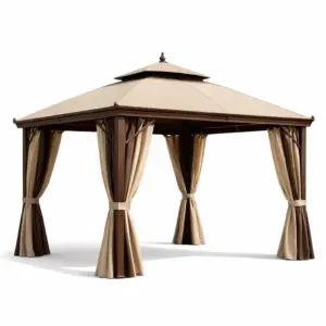 Tonnelle en aluminium avec toit et rideaux en polyester marron