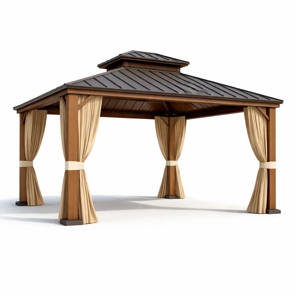 Tonnelle en bois et métal avec rideaux en polyester